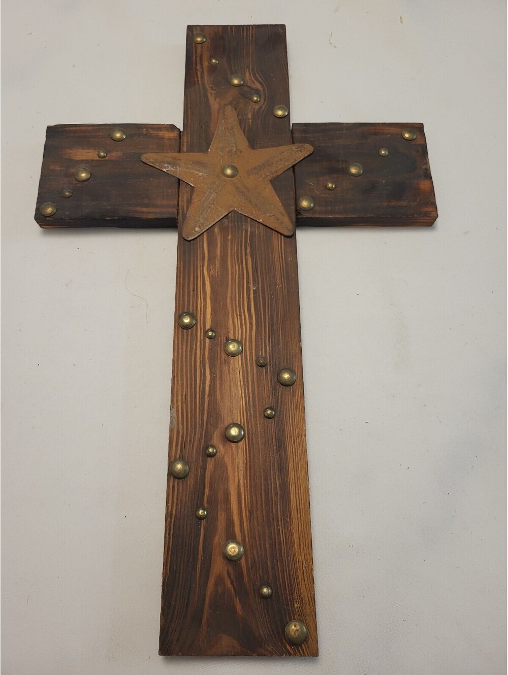Rustic Wooden Wall Cross with Star and Brass Accents 18x11.5